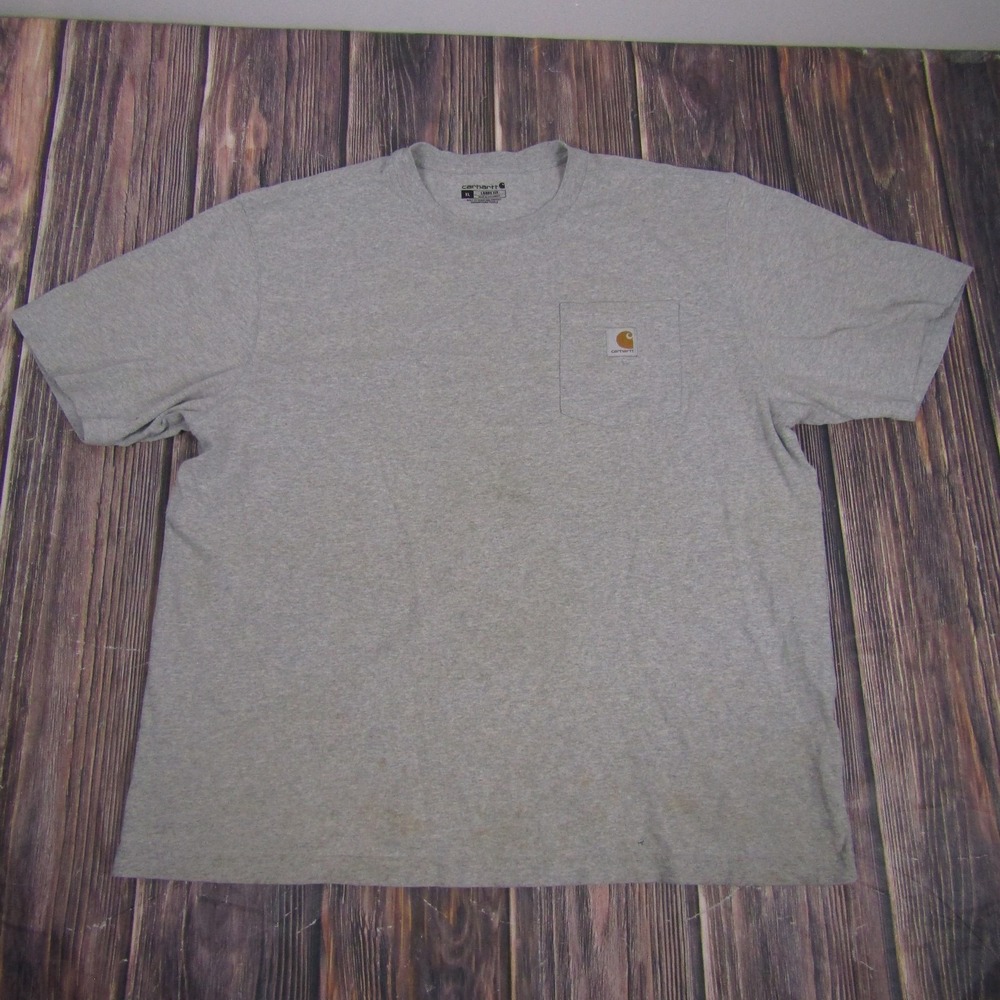 Carhartt Shirt Mens XL Gray Loose Fit Pocket Workwear Outdoor Stain Patched Tee